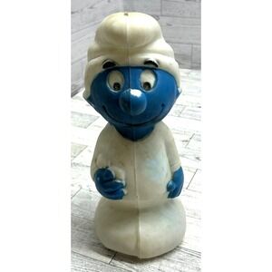 Vintage 1982 Peyo Smurfs Plastic Coin Piggy Bank -‎ 10.5" Tall / White Blue